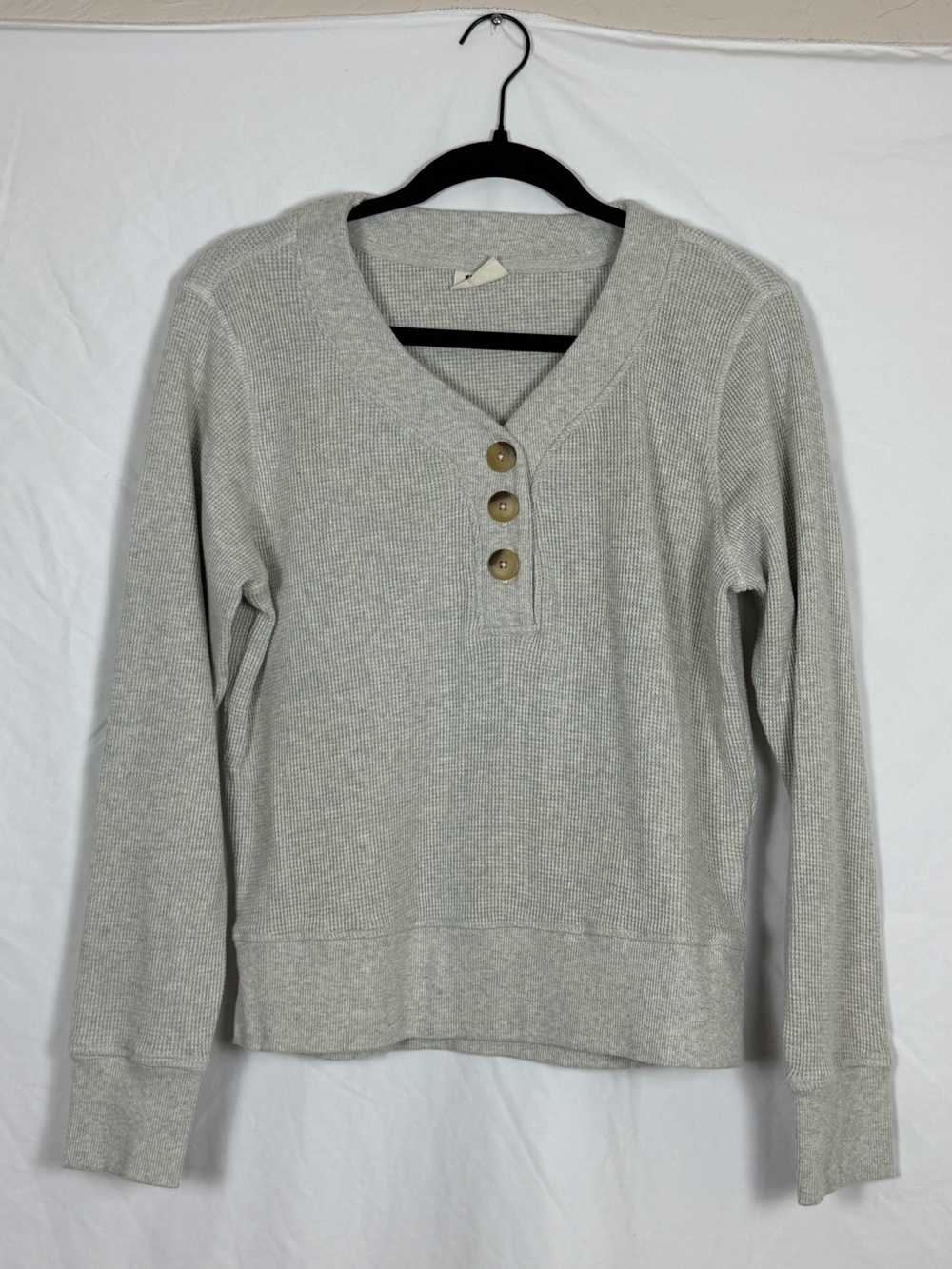 Pact Organic Light Gray Henley Waffle-Knit Sweatshirt with Button Placket